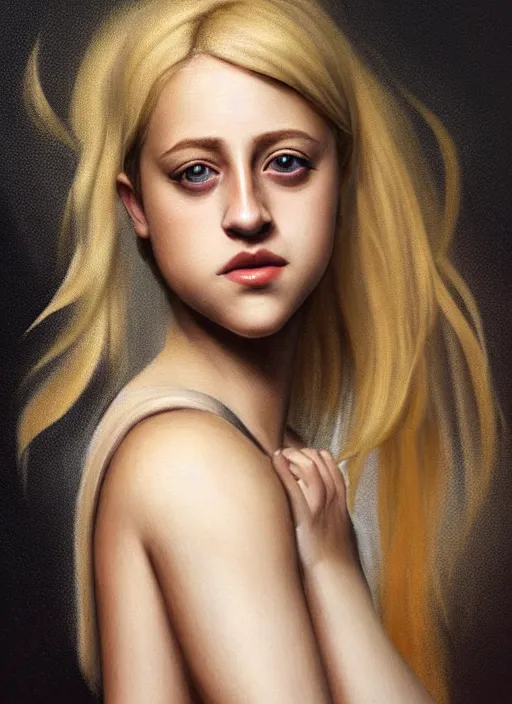 Image similar to full body portrait, teenage lili reinhart, blonde hair, obese, bangs, ponytail, sultry, realistic, sultry smirk, fluffy bangs, curly bangs, fat, belly, intricate, elegant, highly detailed, digital painting, artstation, concept art, smooth, sharp focus, illustration, art by wlop, mars ravelo and greg rutkowski