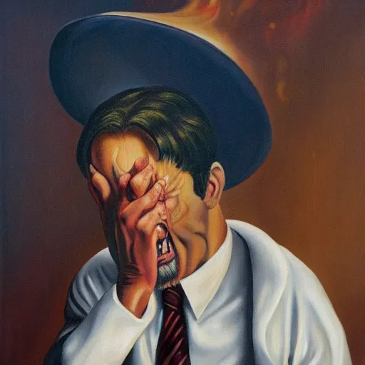 Image similar to surrealism oil painting of a man crying over spilled milk
