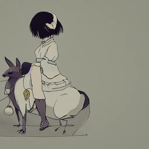 Prompt: a girl with short hair and black eyes riding a giant white rabbit. finely detailed face. digital art. in the style of miyazaki. 4 k. trending on artstation.