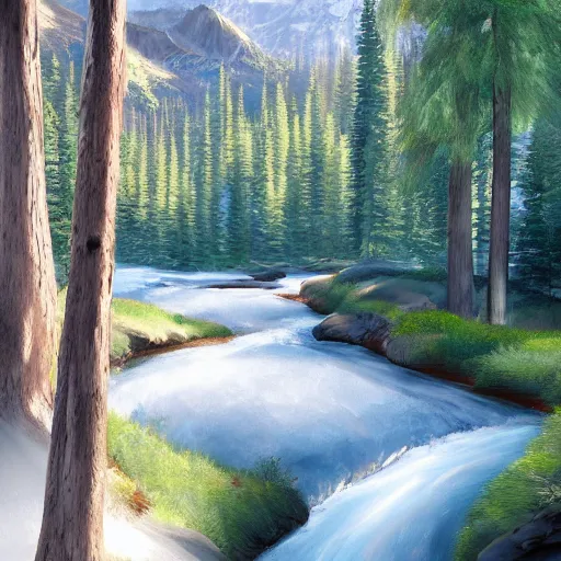 Prompt: mountain valley dotted with pine trees with a stream flowing through it, by joar jakobsson, detailed digital painting, concept art, brushstrokes, elegant, calming, serene, 8 k