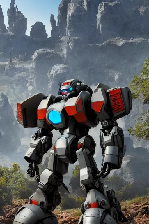 Image similar to mechwarrior 5 : mercenaries mech megaman transformer robot boss tank engine game octane render, 4 k, hd 2 0 2 2 3 d cgi rtx hdr style chrome reflexion glow fanart, global illumination ray tracing hdr fanart arstation by ian pesty by jesper ejsing pixar and disney unreal zbrush central hardmesh