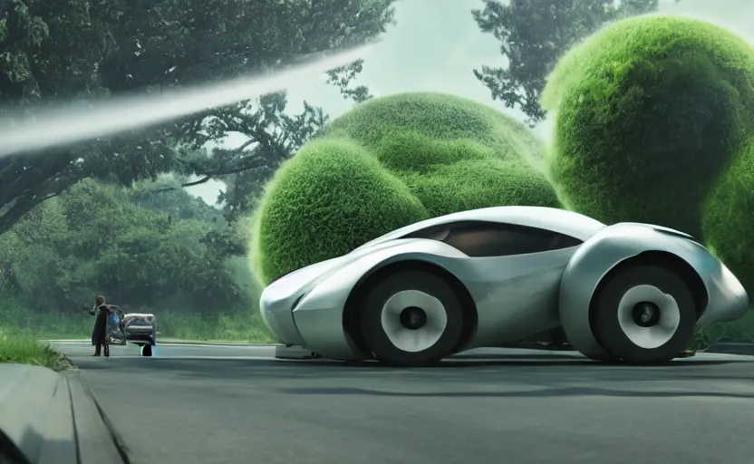 Prompt: a spherical car driving down the road, t - rex and humans dancing, smoky, green hills, many interstellar plants, futuristic concept design, airy landscape, high detail rendering by octane, unreal engine, 8 k, cinematic grade.