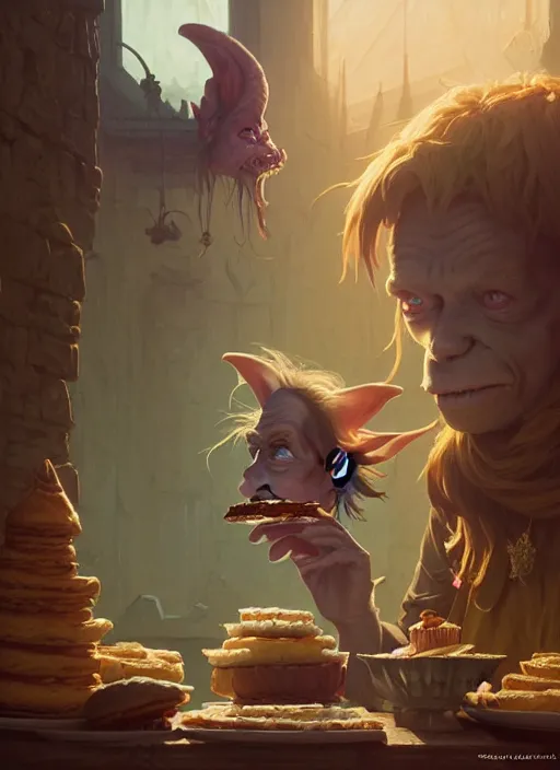 Image similar to highly detailed portrait of a medieval goblin eating cakes, stephen bliss, unreal engine, greg rutkowski, loish, rhads, beeple, makoto shinkai and lois van baarle, ilya kuvshinov, rossdraws, tom bagshaw, tom whalen, alphonse mucha, global illumination, god rays, detailed and intricate environment