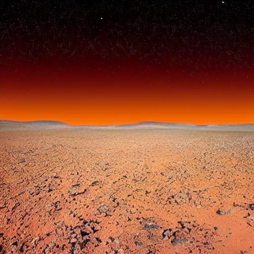 Image similar to photo taken on the surface of a rocky sandy red planet during the night that has many colorful stars visible in the night sky