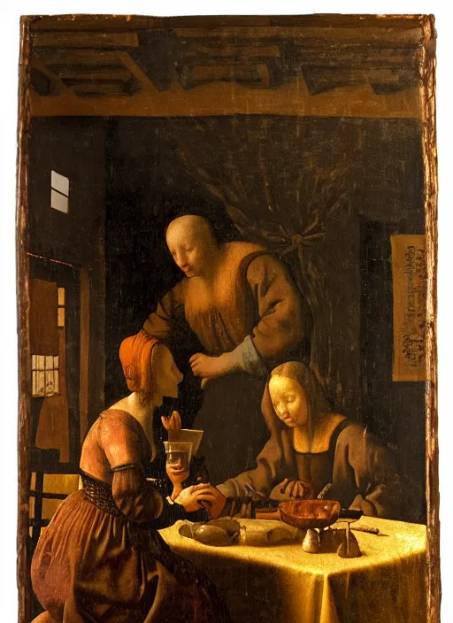 Image similar to a candlelit table at the inn, evening, dark room, two young people sitting at the table, swirling smoke, dark smoke, realistic, in the style of leonardo da vinci, dutch golden age, amsterdam, medieval painting by jan van eyck, johannes vermeer, florence