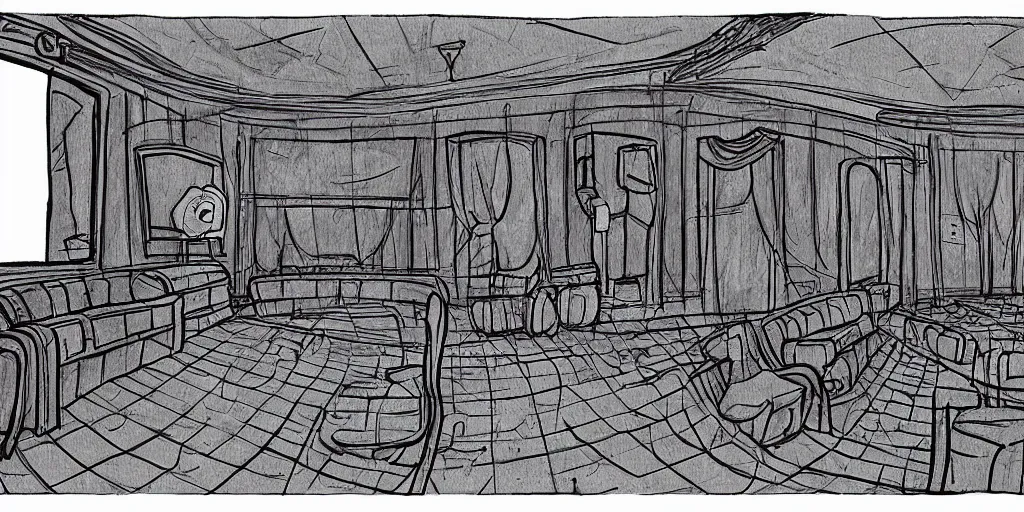 Image similar to a dimly lit, theater dressing room, with a mirror, a chair, a couch, day of the tentacle style, drawn by Peter Chan, 5 point perspective