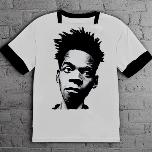 Image similar to t - shirt mockup, 3 d, hyper - realistic, basquiat style print, black boy white hair, rio de janeiro favela