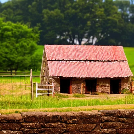 Prompt: a close - up photo of a farmhouse with walls and roof made of bacon, bokeh