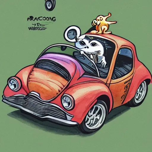 Image similar to racoon riding in a tiny hot rod coupe with oversized engine, ratfink style by ed roth, centered award winning watercolor pen illustration, by chihiro iwasaki, edited by range murata