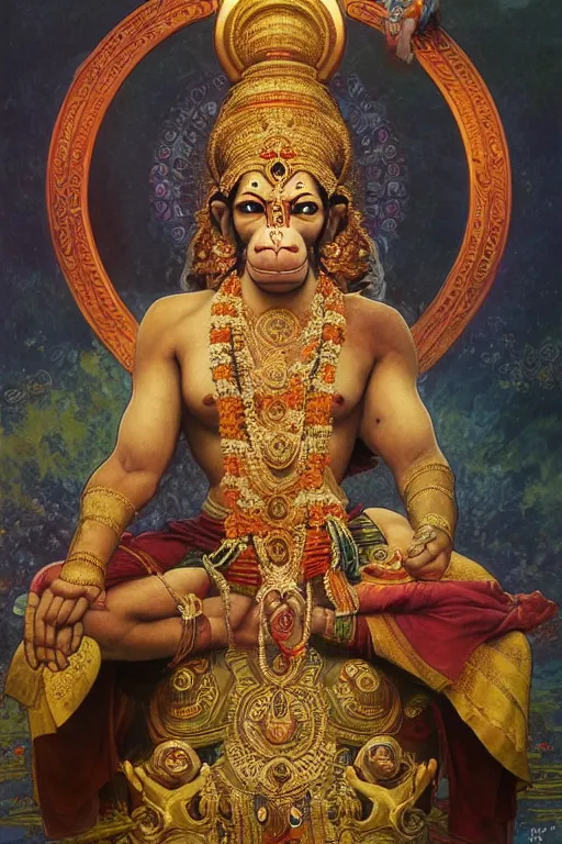 Prompt: a full body portrait of a beautiful ornated hanuman god, arms pointing up!!!, meditative sacral pose, hindu stages of meditation, intricate, elegant, highly detailed, digital painting, artstation, concept art, smooth, sharp focus, illustration, art by krenz cushart and artem demura and alphonse mucha