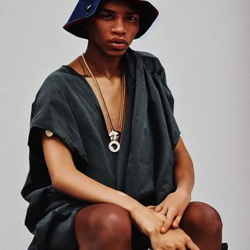 Image similar to realistic photoshooting for a new issey miyake lookbook, color film photography, portrait of a beautiful woman, model is wearing a bucket hat, photo in style of tyler mitchell, 3 5 mm,