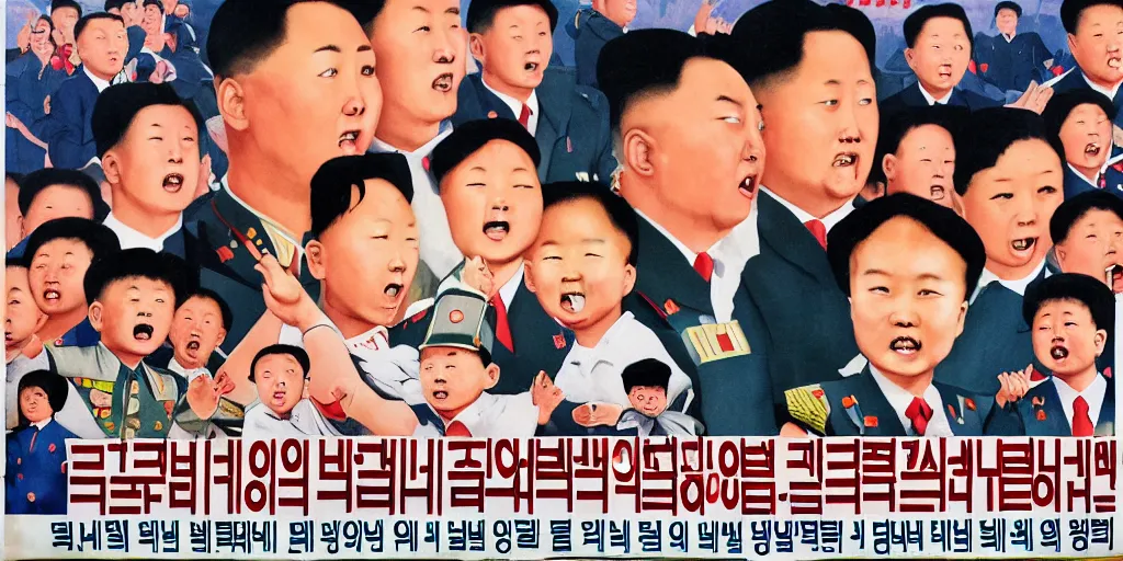 Image similar to north korean propaganda poster with children surrounding dear leader and generals crying in the background