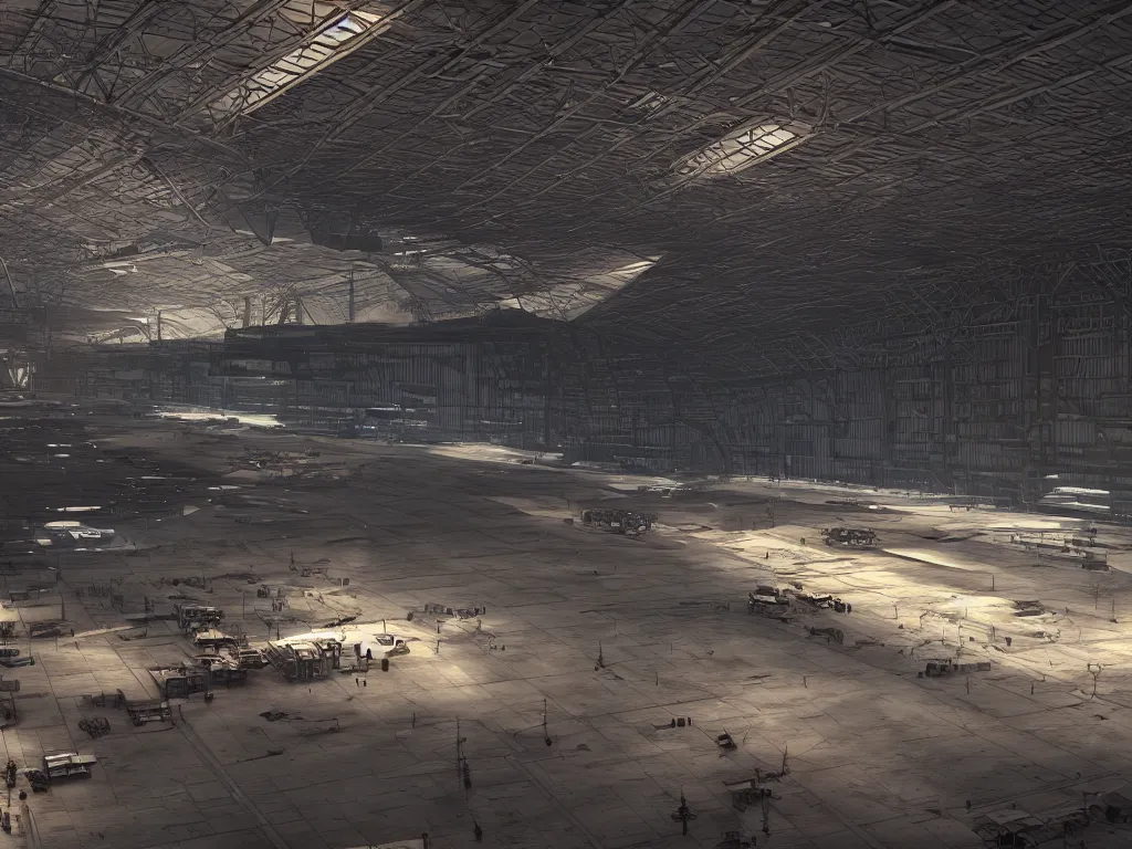 Huge space hangar. Dramatic, cinematic, high quality,, Stable Diffusion