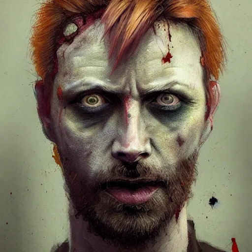 Prompt: color head portrait of the singer brett anderson, 7 days to die zombie, gritty background, fine art, award winning, intricate, elegant, sharp focus, cinematic lighting, digital painting, 8 k concept art, art by michael hussar, art by brom, art by guweiz and z. w. gu, 8 k