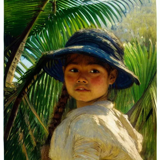 Prompt: a ultradetailed beautiful painting of a girl in amazonas by jules bastien - lepage, hans belmer, frank weston and gustave baumann, trending on artstation, mediterranean, palm trees, light sparkles, sharp focus, soft light