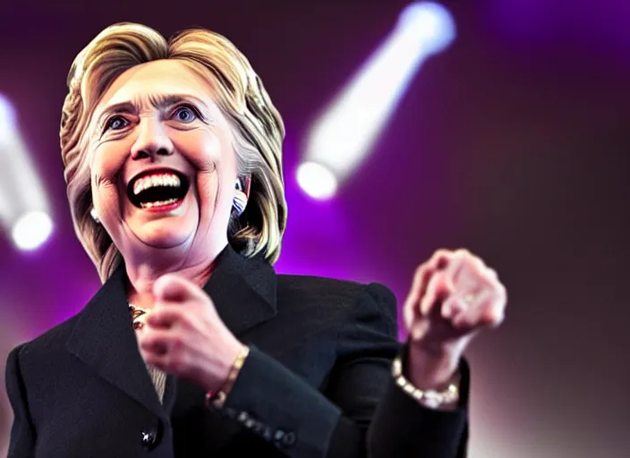 Image similar to publicity photo still of hillary clinton in a death metal band playing live on stage, 8 k, live concert lighting, mid shot