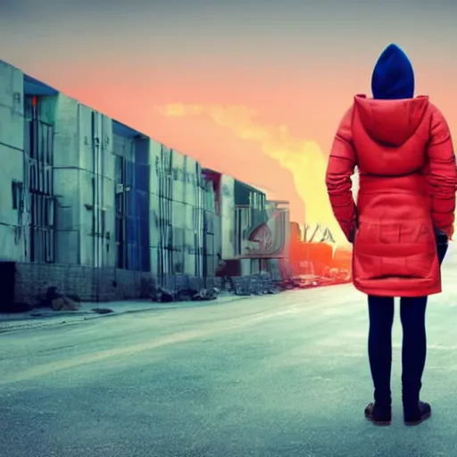 Image similar to hooded jacket woman standing in front of a post apocalyptic city with burning red sky