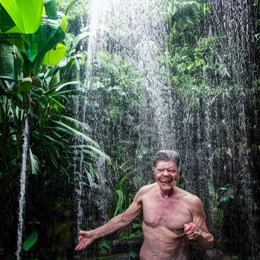 Prompt: 4 k hdr full body wide angle portrait of ronald reagan showering in a tropical bali jungle shower with moody overcast stormy lighting