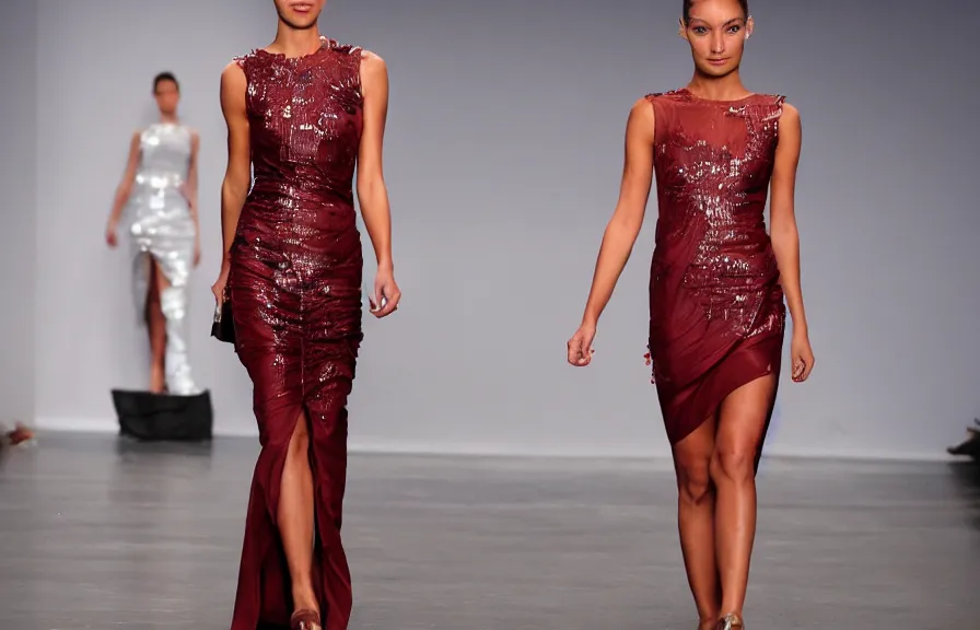 Prompt: a wine bottle themed dress, award winning runway show photography,