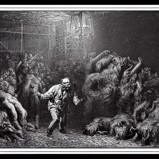 Image similar to a scene from animal farm by george orwell, chiaroscuro, high detail, illustration by gustave dore