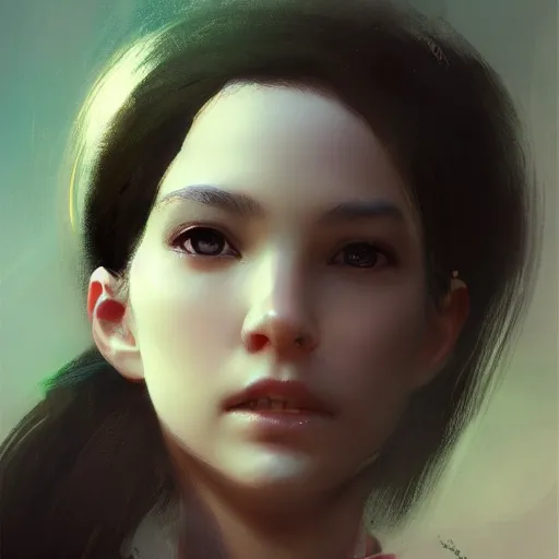 Prompt: a cute girl by ruan jia, closeup headshot, black ponytail, movie style, high detailed.