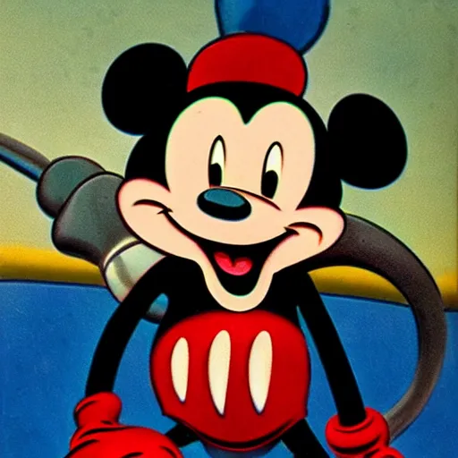 Image similar to vintage 1 9 3 0 s mickey mouse biting a bloody fish