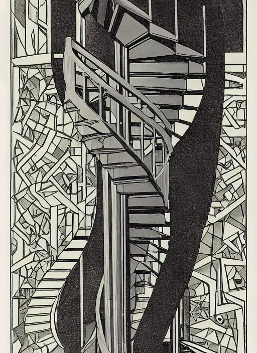 Prompt: an art nouveau illustration of an axonometric view of a spiral staircase by theo van doesburg