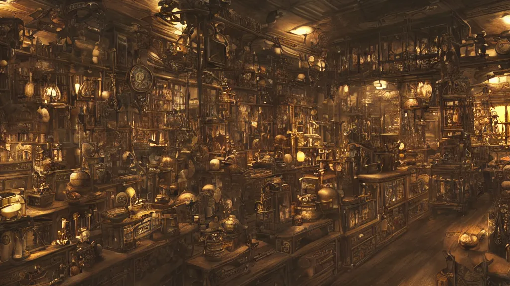 Image similar to A steampunk store, by tian gan, ultra detailed displays of weapons and clockwork machinations densely packed on shelves, volumetric lighting, 8k, unreal engine, trending on artstation