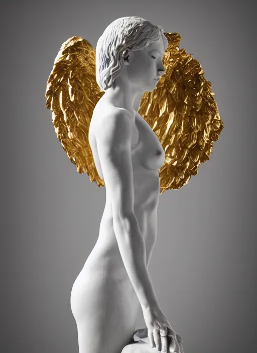 Image similar to a statue made of white marble with gold veins, of an beautiful gorgeous angel girl, full body shot, perfect symmetrical body, perfect symmetrical face, no eyes, hyper realistic, hyper detailed, fujicolor superia 1 6 0 0 photo, by johannen voss, by peter kemp, by monia merlo, by michelangelo octane render, blender, 8 k