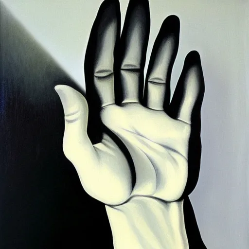 Image similar to white giant hand in a black void, painting by by ralph grady james, jean christian biville