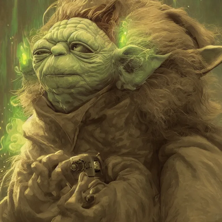 Image similar to fine art painting of Yoda on a bad drug trip, drugs and alcohol littered everywhere, dizzy, trippy, artstation, cgsociety, very detailed, intricate, detailed illustration, by artgerm and greg rutkowski and alphonse mucha, sharp, smooth, masterpiece