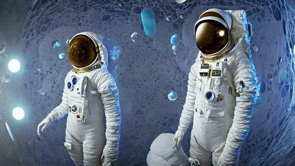 Image similar to a single astronaut eva suit covered in diamond 3d fractal lace iridescent bubble 3d skin and covered with insectoid compound eye camera lenses floats through the living room, film still from the movie directed by Denis Villeneuve with art direction by Salvador Dalí, wide lens,