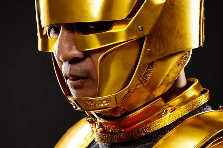 Prompt: a cinematic studio headshot portrait of a middle aged asian man wearing gold plated armour, no helmet, orange color theme, dramatic lighting, back light, hair light, rim light, 4 k, ultra realistic, by annie leibovitz