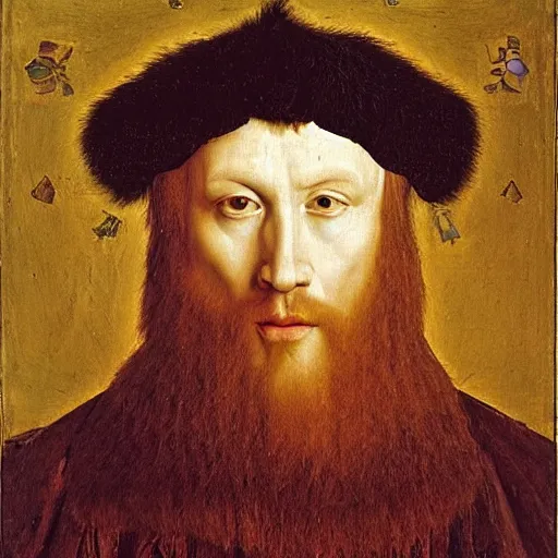 Image similar to portrait of a king with a lions head for a head, oil painting by jan van eyck, northern renaissance art, oil on canvas, wet - on - wet technique, realistic, expressive emotions, intricate textures, illusionistic detail