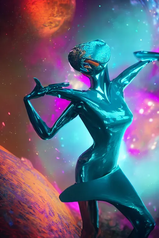 Image similar to photography of a futuristic space ballerina, in an colorful alien planet, ultra detail, beautiful light, high detail, 8 k, f / 2. 8, octane render