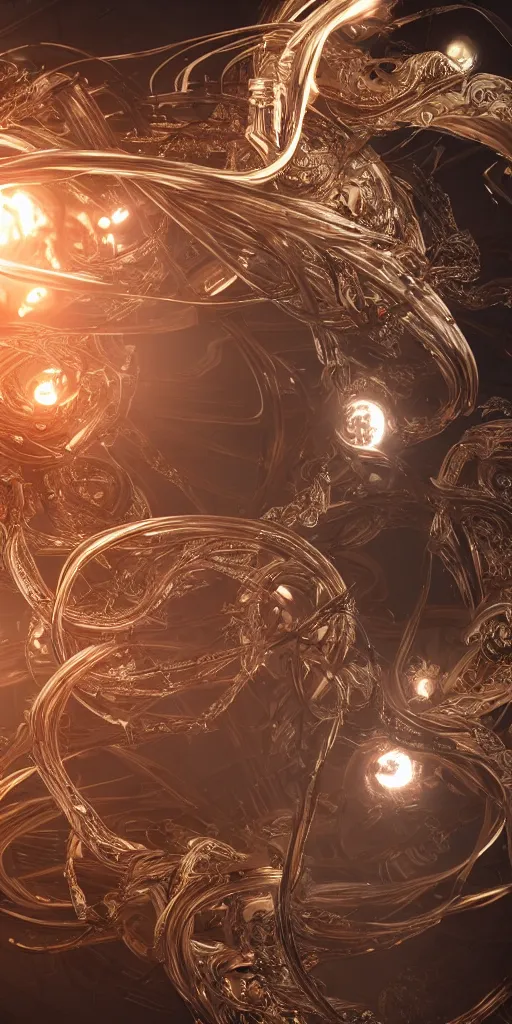 Image similar to swirling abstract cyborg parts and bio - mechanical tendrils and ornate flowing smoke streams and liquid light streaks surround a small metallic sphere, cinematic, unreal engine