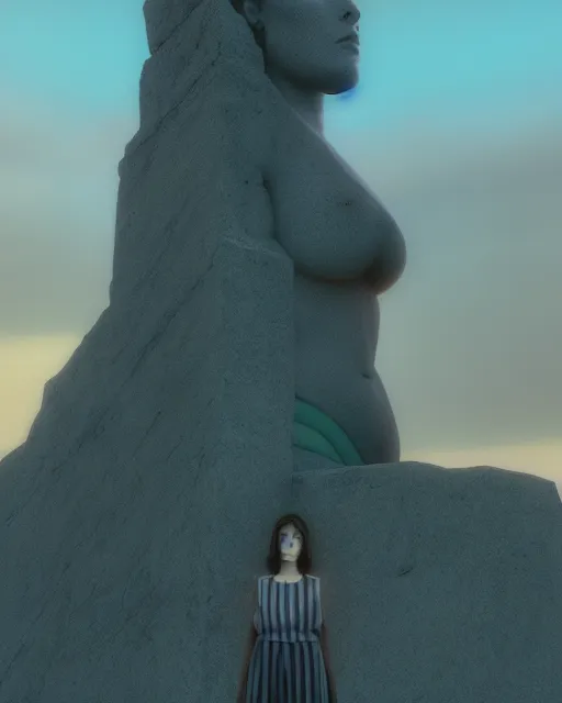 Image similar to a painting of a real woman standing in front of a huge stone statue, a screenshot by stanley twardowicz, cgsociety, aestheticism, aesthetic, vaporwave, anime aesthetic