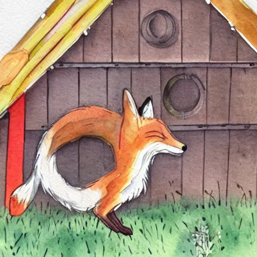 Image similar to fox in a hen house, watercolor illustration,