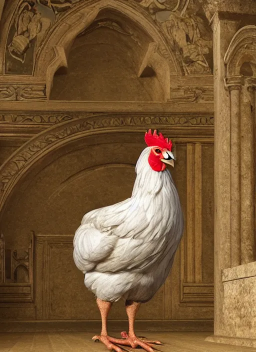 Image similar to a chicken in a roman church, 8 k extremely realistic and highly detailed