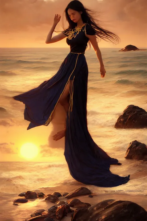 Image similar to ! dream photorealistic long shot of a dark mystical goddess wearing a qipao dress, big sun rough sea and jagged rocks, nets, plastic bottles, garbage, sand and sea, golden hour, ao dai, environmental, fantasy, atmospheric, hyper realistic, artstation, art by artgerm, andres rodriguez and john william waterhouse