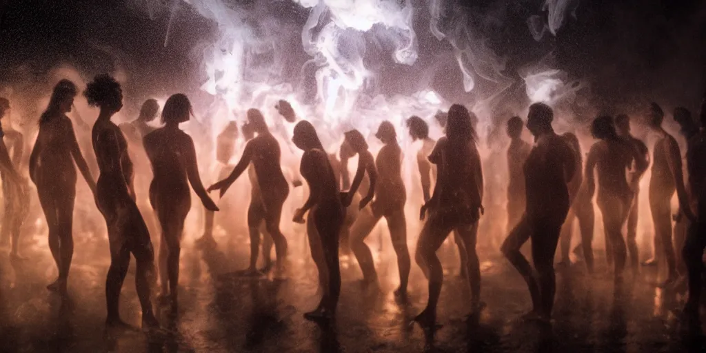 Image similar to love, groups of people with glowing bodies, from behind, rebirth, beauty, wide angle, elaborate, wet, highly detailed, smoke, steam, reflections, vivid colors, beautiful lighting