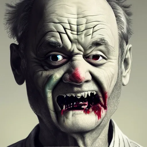 Image similar to bill murray as angry zombie portrait, horror core, apocalyptic, bathrobe, pale skin, wounds, one eye hanging out, snarling, dramatic, sharp focus, fiction, hyper detailed, digital art, trending in artstation, cinematic lighting, studio quality, smooth render, unreal engine 5 rendered, octane rendered, art style and nixeu and wlop and krenz cushart