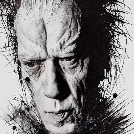 Image similar to stunning portrait of gaunt max von sydow a ( the cure fan ) as dream from sandman, dim stars as eyes, by jeremy mann, by cedric peyravernay, by by russ mills, by richard avedon and ben templesmith, dramatic lightning, sadness, dark eye sockets, in the shadows, punk rock, gothic, high detailed, 8 k