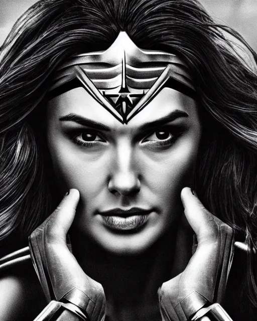 Image similar to wonderwoman portrait hd sharp monochrome noir photo with mix of gal Gadot and Linda Carter in frank Miller Alex Ross style detailed trending Leica Zeiss depth of field