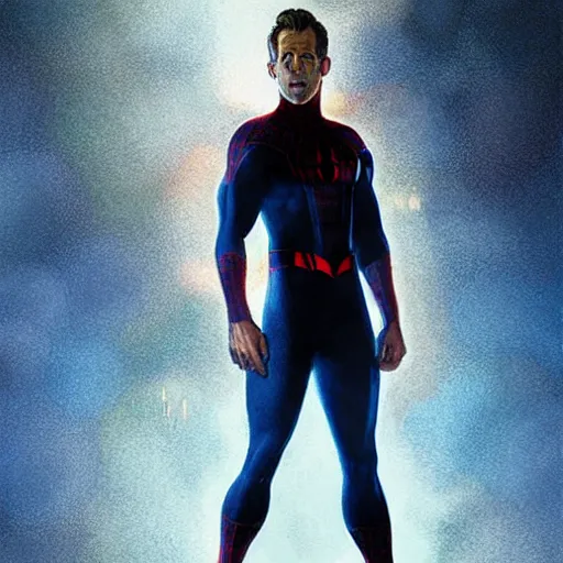 Image similar to ryan reynolds as a black and blue suit spider - man, cinematic, volumetric lighting, f 8 aperture, cinematic eastman 5 3 8 4 film, photorealistic by greg rutkowski, by stanley artgerm, by alphonse mucha