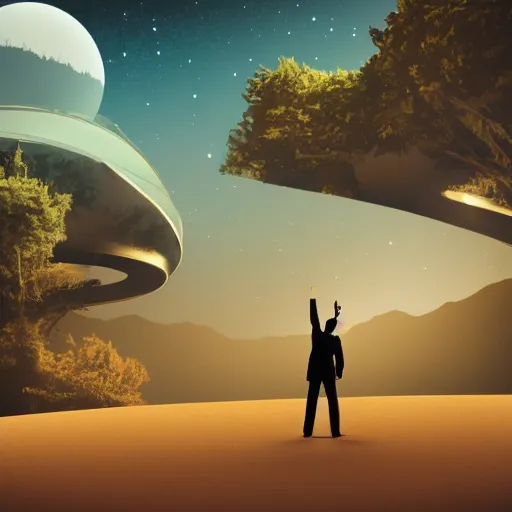 Image similar to detailed futuristic world, man waving goodbye to his friends