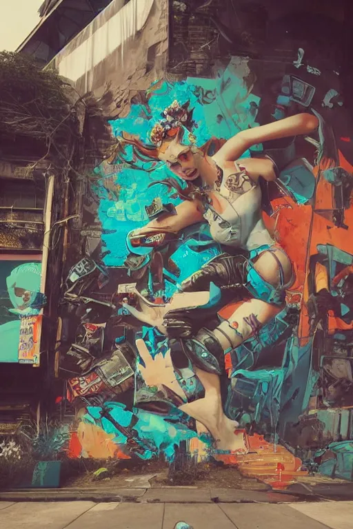 Image similar to punk girl sitting on extreme 3 d graffiti tag mural maximalism by atey ghailan, by greg rutkowski, by joe fenton, yellow, brown, black and cyan color scheme, octane render