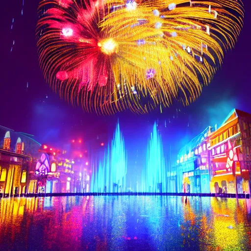 Image similar to raining, fireworks in a city, lights, 3 d render, illustrated, incredible details, highly detailed, colorful, photorealistic, disney pixar, octane render, iridescent, anime, 8 k