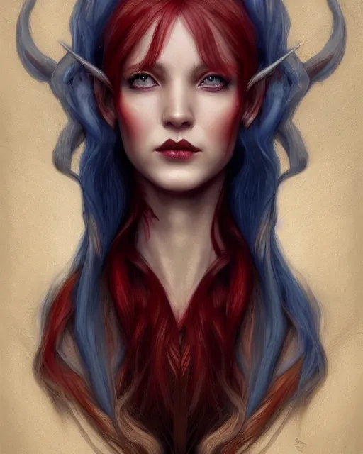 Prompt: A detailed matte oil on canvas head on symmetrical portrait of a beautiful distinguished elven woman with red and blue hair on an empty background, by Charlie bowater, Wlop, trending on artstationhd, dungeons and dragons art, half & half hair dye, parted, split dye, critical role