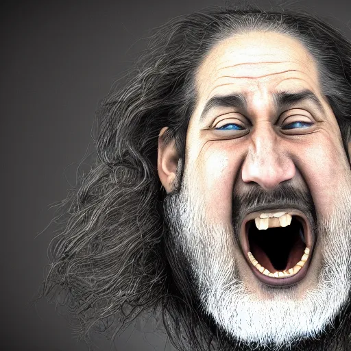 Image similar to richard stallman screaming, angry, furious, photograph, photorealistic, detailed, 8k HDR, trending on artstation,